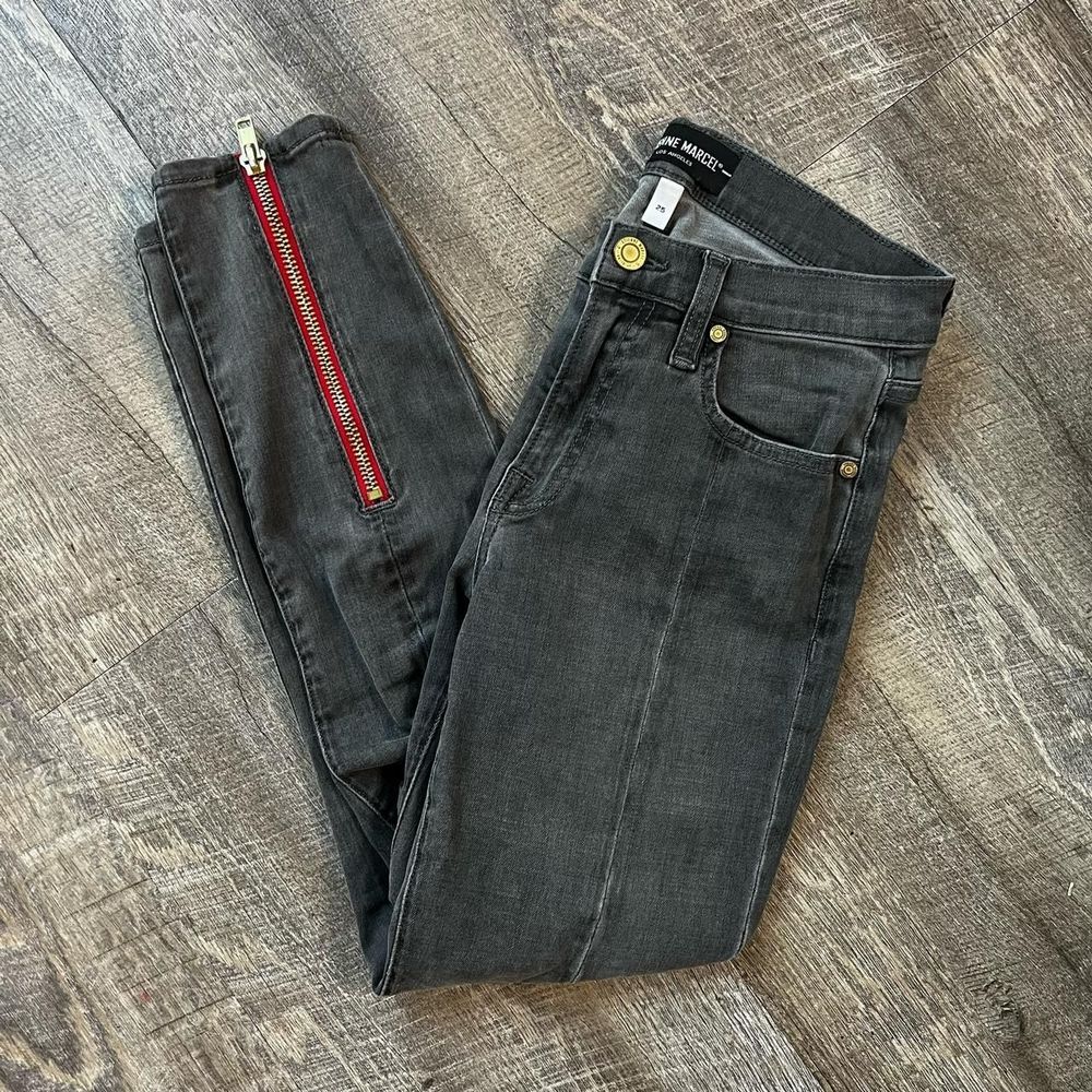 faded black etienne marcel cropped skinny jeans w/ red ankle zippers